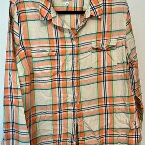 Orange and Green Plaid Button-Up Shirt